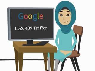 Screenshot aus dem Erklärvideo zu Computerlinguistik: Frau sitzt an einem Monitor, der Treffer einer Google Suche zeigt.